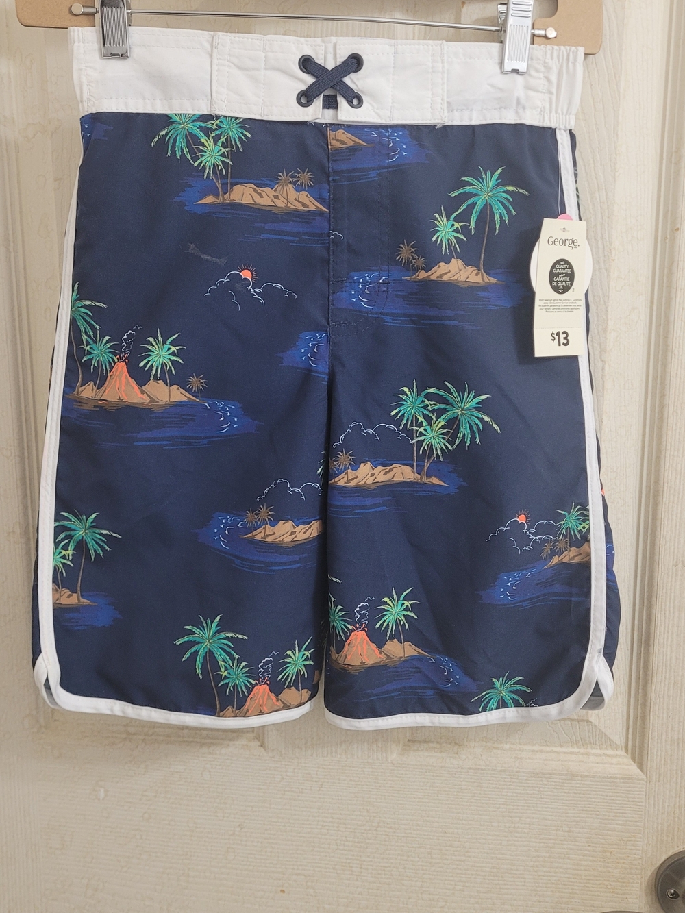 Navy Tropical Island Swim Trunks with White Trim